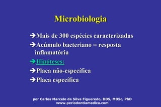 por Carlos Marcelo da Silva Figueredo, DDS, MDSc, PhD
www.periodontiamedica.com
MicrobiologiaMicrobiologia
Mais de 300 espMais de 300 espéécies caracterizadascies caracterizadas
AcAcúúmulo bacteriano = respostamulo bacteriano = resposta
inflamatinflamatóóriaria
HipHipóóteses:teses:
Placa nãoPlaca não--especespecííficafica
Placa especPlaca especííficafica
 
