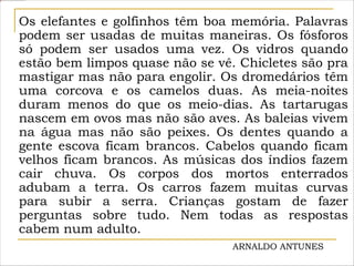 Os elefantes e golfinhos têm boa memória. Palavras
podem ser usadas de muitas maneiras. Os fósforos
só podem ser usados uma vez. Os vidros quando
estão bem limpos quase não se vê. Chicletes são pra
mastigar mas não para engolir. Os dromedários têm
uma corcova e os camelos duas. As meia-noites
duram menos do que os meio-dias. As tartarugas
nascem em ovos mas não são aves. As baleias vivem
na água mas não são peixes. Os dentes quando a
gente escova ficam brancos. Cabelos quando ficam
velhos ficam brancos. As músicas dos índios fazem
cair chuva. Os corpos dos mortos enterrados
adubam a terra. Os carros fazem muitas curvas
para subir a serra. Crianças gostam de fazer
perguntas sobre tudo. Nem todas as respostas
cabem num adulto.
ARNALDO ANTUNES
 