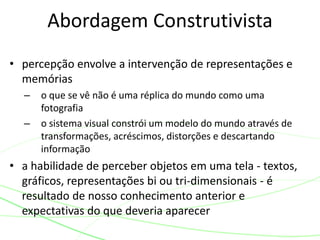 • percepção envolve a intervenção de representações e
memórias
– o que se vê não é uma réplica do mundo como uma
fotografia
– o sistema visual constrói um modelo do mundo através de
transformações, acréscimos, distorções e descartando
informação
• a habilidade de perceber objetos em uma tela - textos,
gráficos, representações bi ou tri-dimensionais - é
resultado de nosso conhecimento anterior e
expectativas do que deveria aparecer
Abordagem Construtivista
 