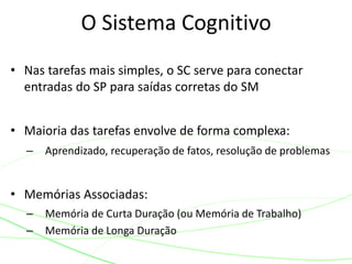 • Nas tarefas mais simples, o SC serve para conectar
entradas do SP para saídas corretas do SM
• Maioria das tarefas envolve de forma complexa:
– Aprendizado, recuperação de fatos, resolução de problemas
• Memórias Associadas:
– Memória de Curta Duração (ou Memória de Trabalho)
– Memória de Longa Duração
O Sistema Cognitivo
 