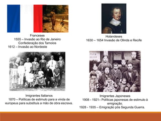 Franceses
1555 – Invasão ao Rio de Janeiro
Confederação dos Tamoios
1612 – Invasão ao Nordeste
Holandeses
1630 – 1654 Invasão de Olinda e Recife
Imigrantes Italianos
1870 – Políticas de estimulo para a vinda de
europeus para substituis a mão de obra escrava.
Imigrantes Japoneses
1908 - 1921– Políticas japonesas de estimulo à
emigração.
1928 - 1935 – Emigração pós Segunda Guerra.
 