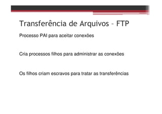 Transferência de Arquivos – FTP
Processo PAI para aceitar conexões
Cria processos filhos para administrar as conexões
Os filhos criam escravos para tratar as transferências
 