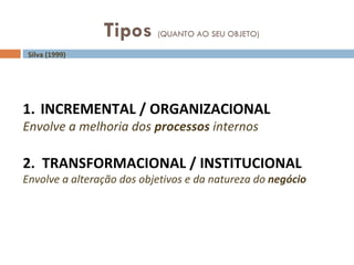 Tipos  (QUANTO AO SEU OBJETO) Silva (1999) INCREMENTAL / ORGANIZACIONAL Envolve a melhoria dos  processos  internos   2.  TRANSFORMACIONAL / INSTITUCIONAL Envolve a alteração dos objetivos e da natureza do  negócio 