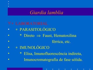 Giardia lamblia    LABORATORIAL    PARASITOLÓGICO *  Direto     Faust, Hematoxilina  férrica, etc.    IMUNOLÓGICO *  Elisa, Imunofluorescência indireta,  Imunocromatografia de fase sólida.  