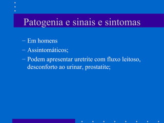 Em homens Assintomáticos; Podem apresentar uretrite com fluxo leitoso, desconforto ao urinar, prostatite;  Patogenia e sinais e sintomas 