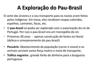 A Exploração do Pau-Brasil
O corte das árvores e o seu transporte para os navios eram feitos
pelos indígenas. Em troca, eles recebiam roupas coloridas,
espelhos, canivetes, facas, etc.
• O pau-brasil só podia ser explorado com a autorização do rei de
Portugal. Por isso o pau-brasil era um monopólio do rei.
• Primeiros 30 anos - apenas construção de fortes no litoral
(defesa e armazenamento do pau-brasil)
• Pecuária: Abastecimento da população (carne e couro) e os
animais serviam como força motriz e meio de transporte;
• Tráfico negreiro: grande fonte de dinheiro para a burguesia
portuguesa.
 