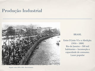 Produção Industrial




                                                          BRASIL

                                                Entre D João VI e a Abolição.
                                                        (1816 – 1888)
                                                  Rio de Janeiro – 300 mil
                                                 habitantes – locomoção e
                                                  capacidade de consumo.
                                                       Lazer popular




   Regatas entre 1890 e 1900 – Rio de Janeiro
 