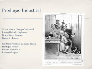 Produção Industrial



Gravadores – George Cruikshank
Irmãos Dalziel - Inglaterra.
Desenhista - Daumier
Gavarni - França

No Brasil Francisco da Paula Brito e
Henrique Fleiuss
Revista Ilustrada e
Lanterna Mágica.
 