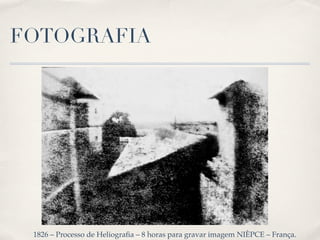 FOTOGRAFIA




 1826 – Processo de Heliograﬁa – 8 horas para gravar imagem NIÈPCE – França.
 