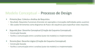 Modelo Conceptual – Processo de Design
 Primeira fase: Colecta e Análise de Requisitos
▫ Resultado: Requisitos Funcionais (Consiste em operações e transações definidadas pelos usuários)
▫ São usadas ferramentas como diagramas de fluxo e de sequência para especificar estes requisitos.
 Segunda fase: Desenho Conceptual (Criação do Esquema Conceptual)
▫ Construção faseada
▫ Facilita a comunicação entre o analista (autor do modelo) e o implementador.
 Terceira fase: Desenho Lógico (Criação do Esquema Conceptual)
▫ Construção faseada
▫ Facilita a comunicação entre o analista (autor do modelo) e o implementador.
 