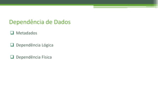 Dependência de Dados
 Metadados
 Dependência Lógica
 Dependência Física
 