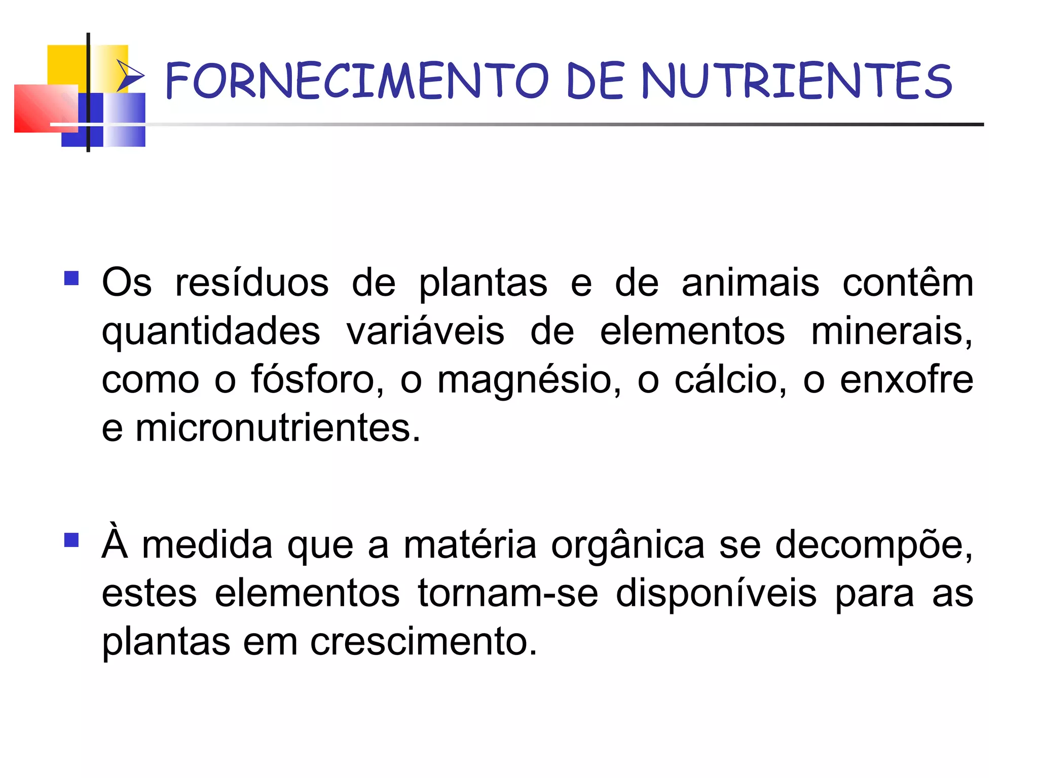  FORNECIMENTO DE NUTRIENTES 
 Os resíduos de plantas e de animais contêm 
quantidades variáveis de elementos minerais, 
como o fósforo, o magnésio, o cálcio, o enxofre 
e micronutrientes. 
 À medida que a matéria orgânica se decompõe, 
estes elementos tornam-se disponíveis para as 
plantas em crescimento. 
 