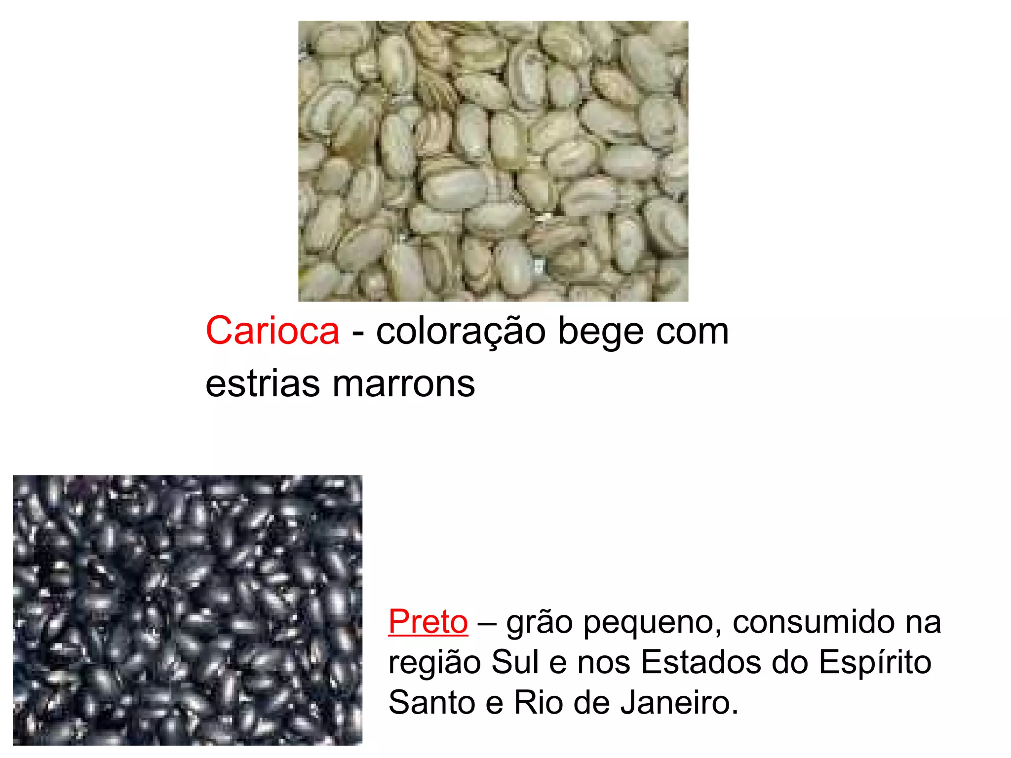 Carioca - coloração bege com 
estrias marrons 
Preto – grão pequeno, consumido na 
região Sul e nos Estados do Espírito 
Santo e Rio de Janeiro. 
 