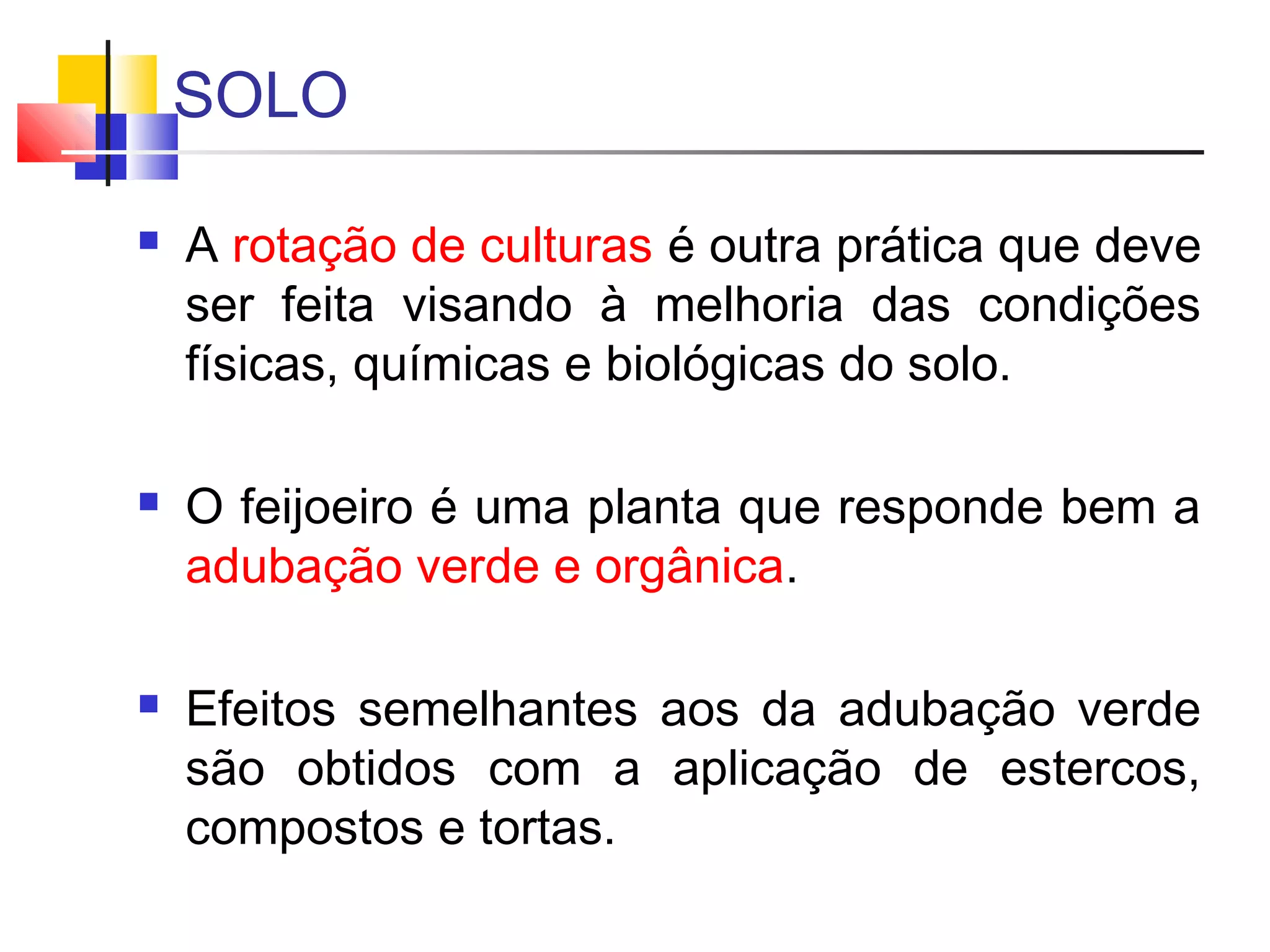 SOLO 
 A rotação de culturas é outra prática que deve 
ser feita visando à melhoria das condições 
físicas, químicas e biológicas do solo. 
 O feijoeiro é uma planta que responde bem a 
adubação verde e orgânica. 
 Efeitos semelhantes aos da adubação verde 
são obtidos com a aplicação de estercos, 
compostos e tortas. 
 