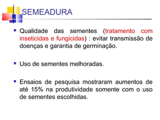SEMEADURA 
 Qualidade das sementes (tratamento com 
inseticidas e fungicidas) : evitar transmissão de 
doenças e garantia de germinação. 
 Uso de sementes melhoradas. 
 Ensaios de pesquisa mostraram aumentos de 
até 15% na produtividade somente com o uso 
de sementes escolhidas. 
 