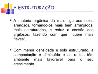  ESTRUTURAÇÃO 
 A matéria orgânica dá mais liga aos solos 
arenosos, tornando-os mais bem arranjados, 
mais estruturados, e reduz a coesão dos 
argilosos, fazendo com que fiquem mais 
“leves”. 
 Com menor densidade e solo estruturado, a 
compactação é diminuída e as raízes têm 
ambiente mais favorável para o seu 
crescimento. 
 