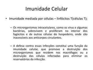 Imunidade Celular
• Imunidade mediada por células – linfócitos T(células T);
– Os microrganismos intracelulares, como os vírus e algumas
bactérias, sobrevivem e proliferam no interior dos
fagócitos e de outras células do hospedeiro, onde são
inacessíveis aos anticorpos circulantes.
– A defesa contra essas infecções constitui uma função da
imunidade celular, que promove a destruição dos
microrganismos que residem nos macrófagos ou a
destruição das células infectadas para eliminar os
reservatórios da infecção.
 