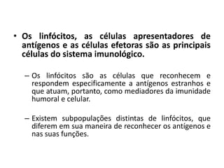 • Os linfócitos, as células apresentadores de
antígenos e as células efetoras são as principais
células do sistema imunológico.
– Os linfócitos são as células que reconhecem e
respondem especificamente a antígenos estranhos e
que atuam, portanto, como mediadores da imunidade
humoral e celular.
– Existem subpopulações distintas de linfócitos, que
diferem em sua maneira de reconhecer os antígenos e
nas suas funções.
 