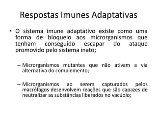 Respostas Imunes Adaptativas
• O sistema imune adaptativo existe como uma
forma de bloqueio aos microrganismos que
tenham conseguido escapar do ataque
promovido pelo sistema inato;
– Microrganismos mutantes que não ativam a via
alternativa do complemento;
– Microrganismos ao serem capturados pelos
macrófagos desenvolvem reações que são capazes de
neutralizar as substâncias liberados no vacúolo;
 