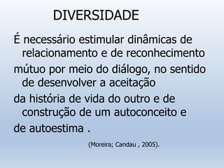 DIVERSIDADE
É necessário estimular dinâmicas de
relacionamento e de reconhecimento
mútuo por meio do diálogo, no sentido
de desenvolver a aceitação
da história de vida do outro e de
construção de um autoconceito e
de autoestima .
(Moreira; Candau , 2005).
 