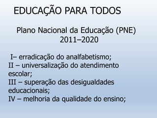 EDUCAÇÃO PARA TODOS
Plano Nacional da Educação (PNE)
2011–2020
I– erradicação do analfabetismo;
II – universalização do atendimento
escolar;
III – superação das desigualdades
educacionais;
IV – melhoria da qualidade do ensino;
 
