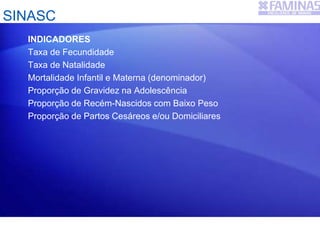SINASC
INDICADORES
Taxa de Fecundidade
Taxa de Natalidade
Mortalidade Infantil e Materna (denominador)
Proporção de Gravidez na Adolescência
Proporção de Recém-Nascidos com Baixo Peso
Proporção de Partos Cesáreos e/ou Domiciliares
 