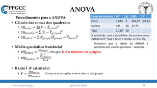 ANOVA
Procedimentos para a ANOVA:
• Cálculo das somas dos quadrados
• 𝑆𝑄𝑡𝑜𝑡𝑎𝑙 = (𝑋 − 𝑋𝑡𝑜𝑡𝑎𝑙)²
• 𝑆𝑄 𝑑𝑒𝑛𝑡𝑟𝑜 = (𝑋 − 𝑋 𝑔𝑟𝑢𝑝𝑜)²
• 𝑆𝑄 𝑒𝑛𝑡𝑟𝑒 = 𝑁𝑔𝑟𝑢𝑝𝑜( 𝑋 𝑔𝑟𝑢𝑝𝑜 − 𝑋𝑡𝑜𝑡𝑎𝑙)²
• Média quadrática (variância)
• 𝑀𝑄 𝑒𝑛𝑡𝑟𝑒 =
𝑆𝑄 𝑒𝑛𝑡𝑟𝑒
𝑘−1
, em que k é o número de grupos
• 𝑀𝑄 𝑑𝑒𝑛𝑡𝑟𝑜 =
𝑆𝑄 𝑑𝑒𝑛𝑡𝑟𝑜
𝑁−𝑘
• Razão F (F calculado)
• 𝐹 =
𝑀𝑄 𝑒𝑛𝑡𝑟𝑒
𝑀𝑄 𝑑𝑒𝑛𝑡𝑟𝑜
www.ccsa.ufpb.br/ppgcc ppgcc@ccsa.ufpb.br 39
Compara as variações entre e dentro dos grupos
Fonte de variação SQ gl MQ F
Entre 1.685 3 561,67 20,24
Dentro 444 16 27,75
Total 2.129 19
A satisfação com a vida difere de acordo com o
estado civil? Faça o teste e decida, a 1% e 5%.
Percebam que a tabela da ANOVA é
composta por valores positivos – variância.
 