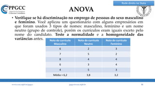 ANOVA
• Verifique se há discriminação no emprego de pessoas do sexo masculino
e feminino. Você aplicou um questionário com alguns empresários em
que foram usados 3 tipos de nomes: masculino, feminino e um nome
neutro (grupo de controle), porém os currículos eram iguais exceto pelo
nome do candidato. Teste a normalidade e a homogeneidade das
variâncias antes.
www.ccsa.ufpb.br/ppgcc ppgcc@ccsa.ufpb.br 41
Nota do currículo
Masculino
Nota do currículo
Neutro
Nota do currículo
Feminino
6 2 3
7 5 2
8 4 4
6 3 4
4 5 3
Média = 6,2 3,8 3,2
Rode direto no Stata
 