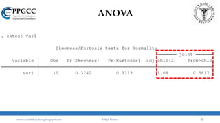 ANOVA
var1 15 0.3240 0.9213 1.08 0.5817
Variable Obs Pr(Skewness) Pr(Kurtosis) adj chi2(2) Prob>chi2
joint
Skewness/Kurtosis tests for Normality
. sktest var1
www.contabilidademq.blogspot.com Felipe Pontes 42
 