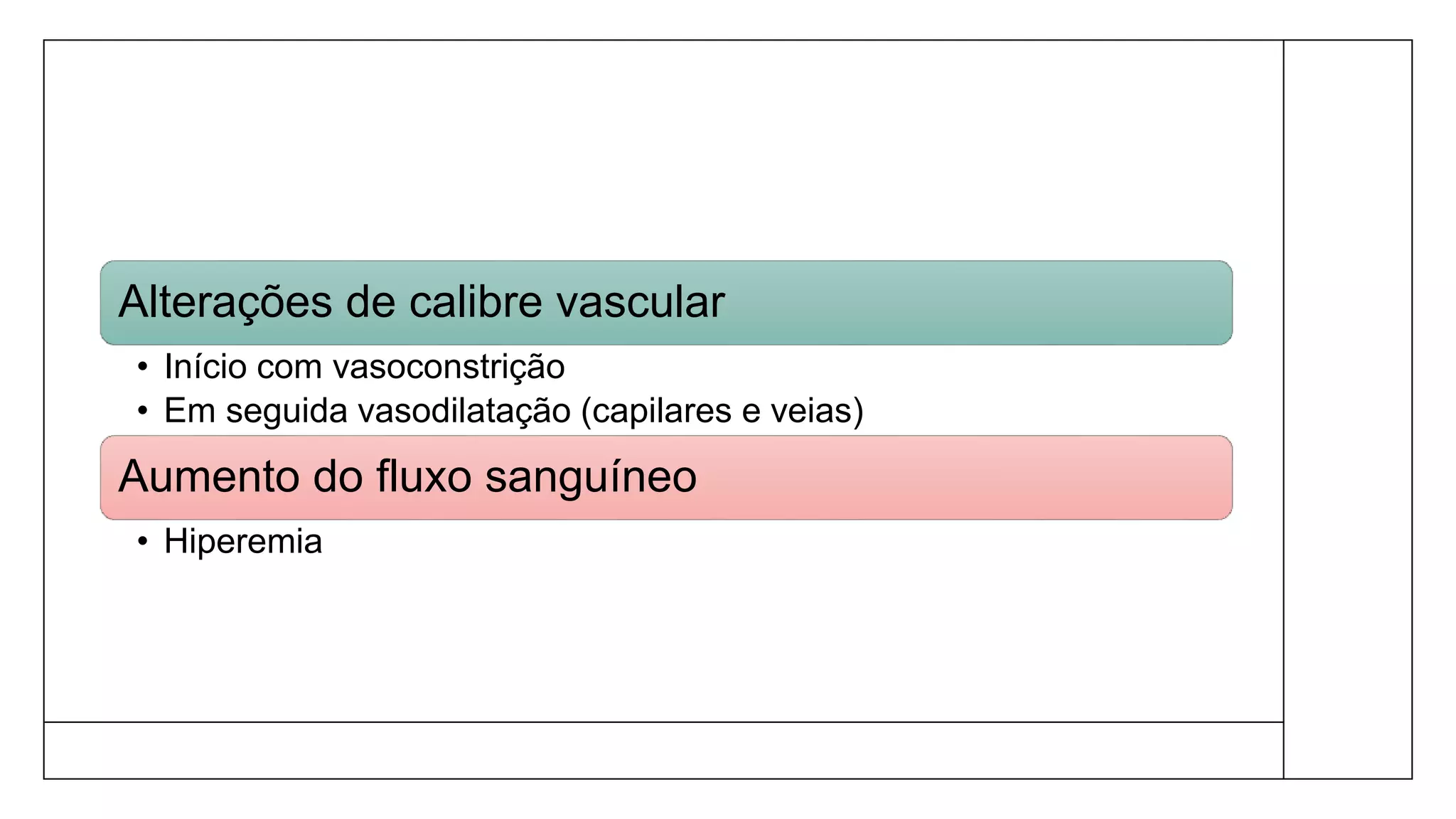 Alterações de calibre vascular
• Início com vasoconstrição
• Em seguida vasodilatação (capilares e veias)
Aumento do fluxo sanguíneo
• Hiperemia
 