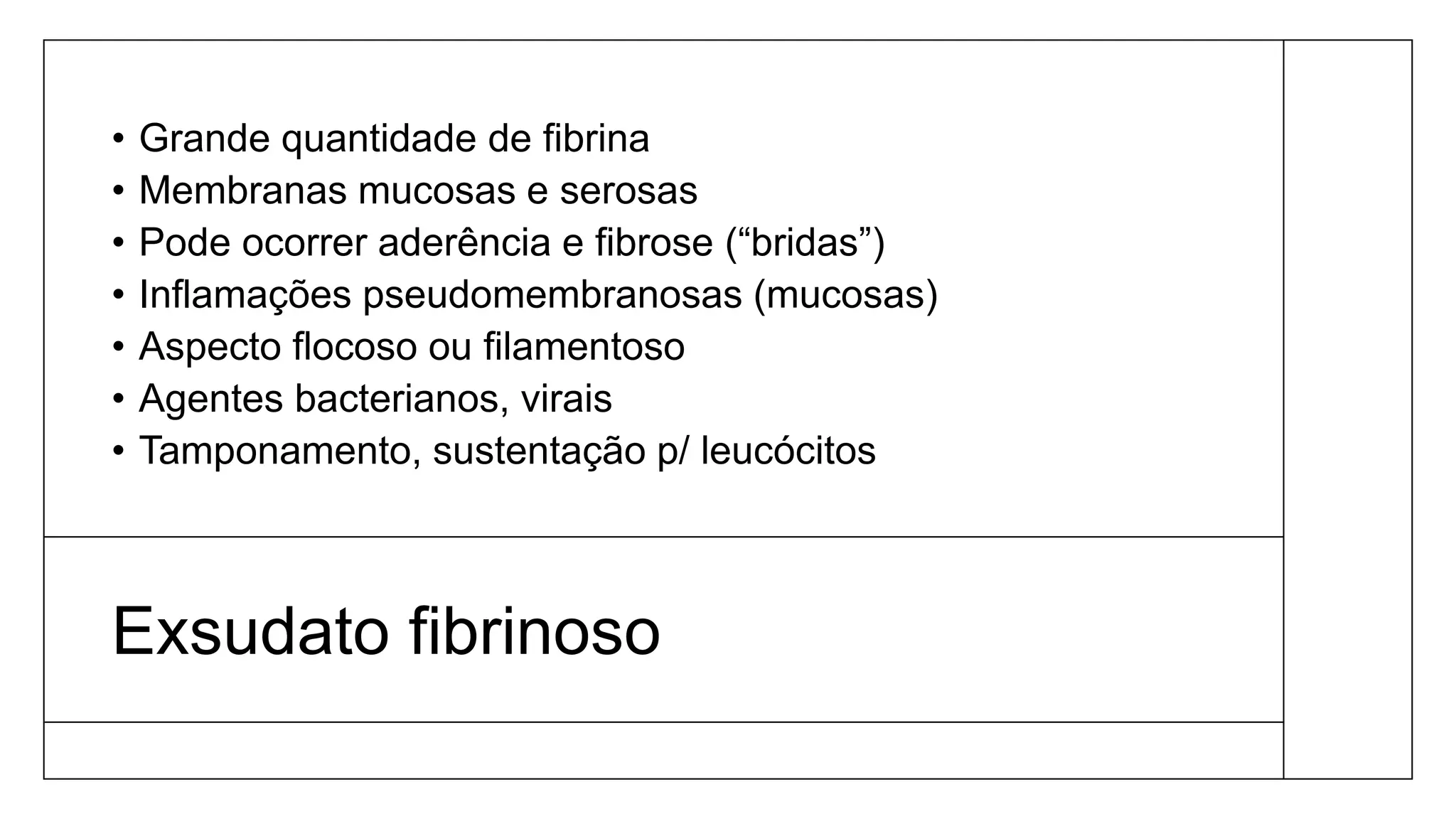Exsudato fibrinoso
• Grande quantidade de fibrina
• Membranas mucosas e serosas
• Pode ocorrer aderência e fibrose (“bridas”)
• Inflamações pseudomembranosas (mucosas)
• Aspecto flocoso ou filamentoso
• Agentes bacterianos, virais
• Tamponamento, sustentação p/ leucócitos
 