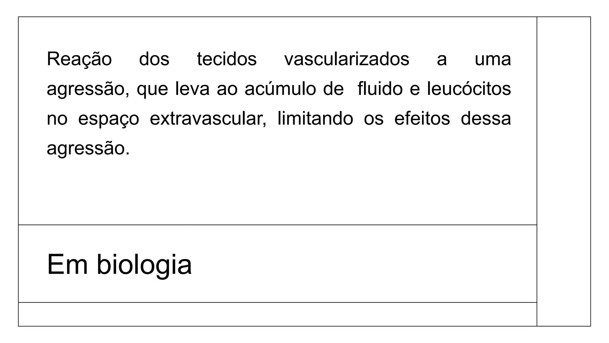 Em biologia
Reação dos tecidos vascularizados a uma
agressão, que leva ao acúmulo de fluido e leucócitos
no espaço extravascular, limitando os efeitos dessa
agressão.
 
