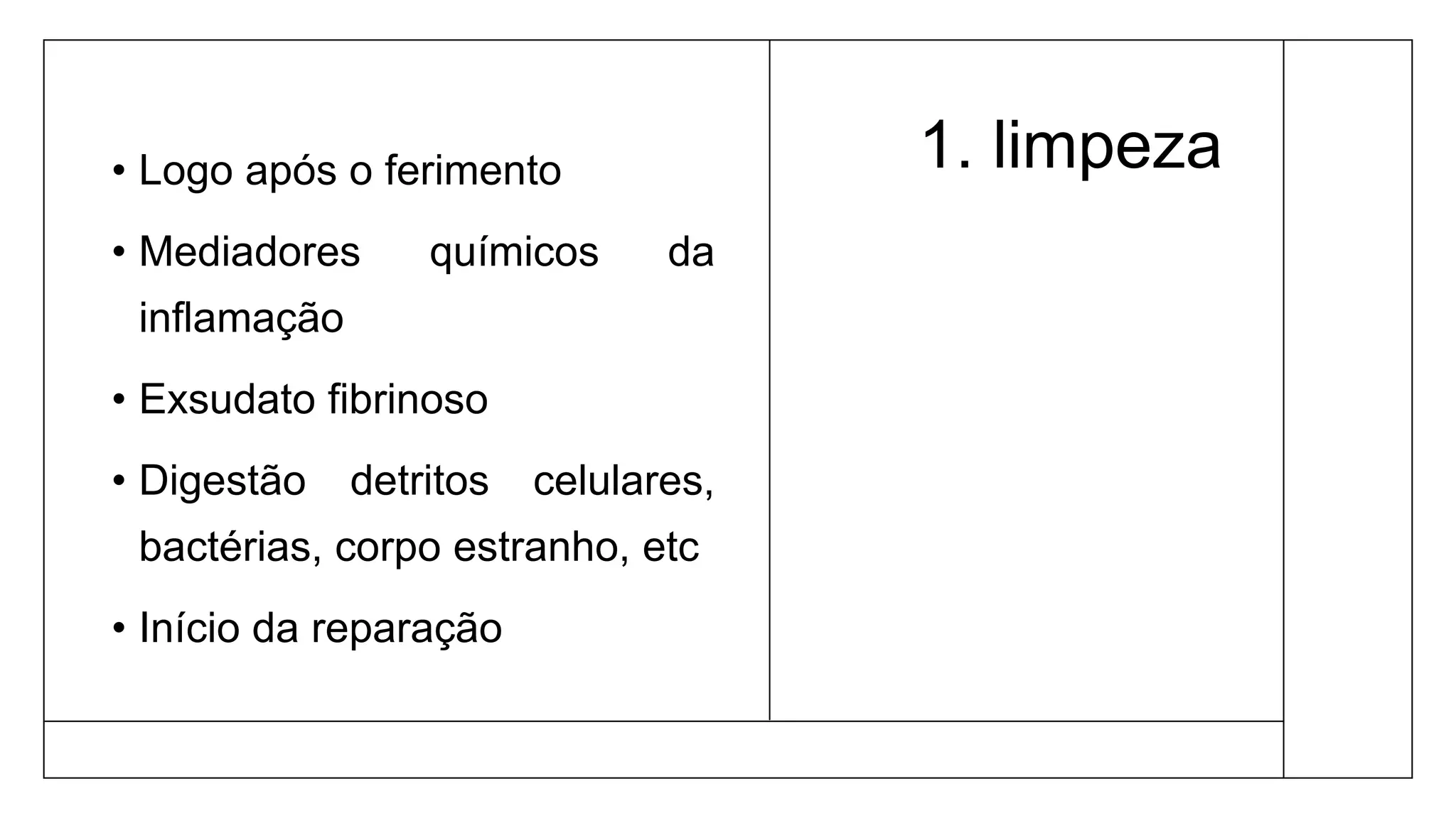 1. limpeza
• Logo após o ferimento
• Mediadores químicos da
inflamação
• Exsudato fibrinoso
• Digestão detritos celulares,
bactérias, corpo estranho, etc
• Início da reparação
 