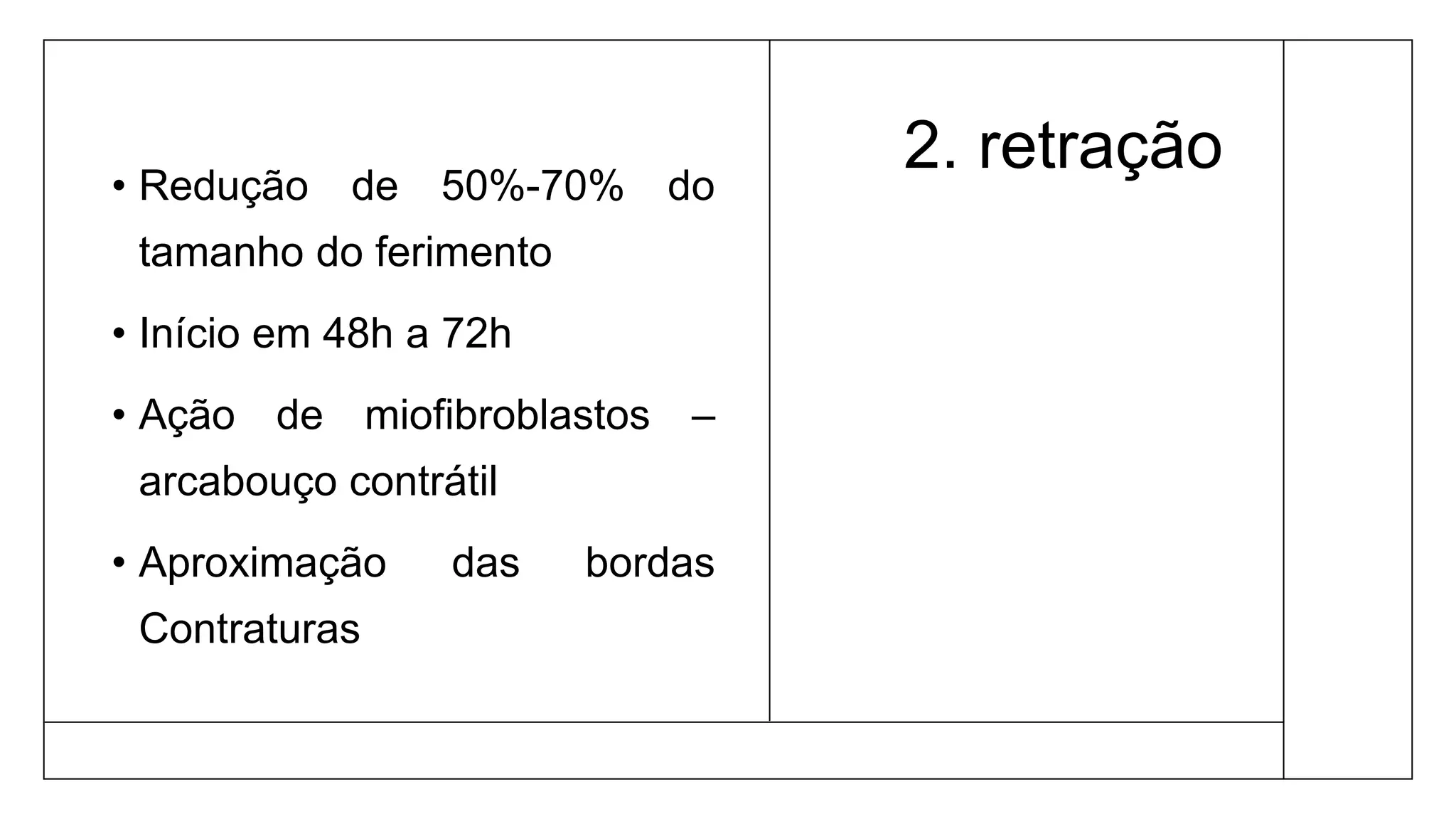 2. retração
• Redução de 50%-70% do
tamanho do ferimento
• Início em 48h a 72h
• Ação de miofibroblastos –
arcabouço contrátil
• Aproximação das bordas
Contraturas
 