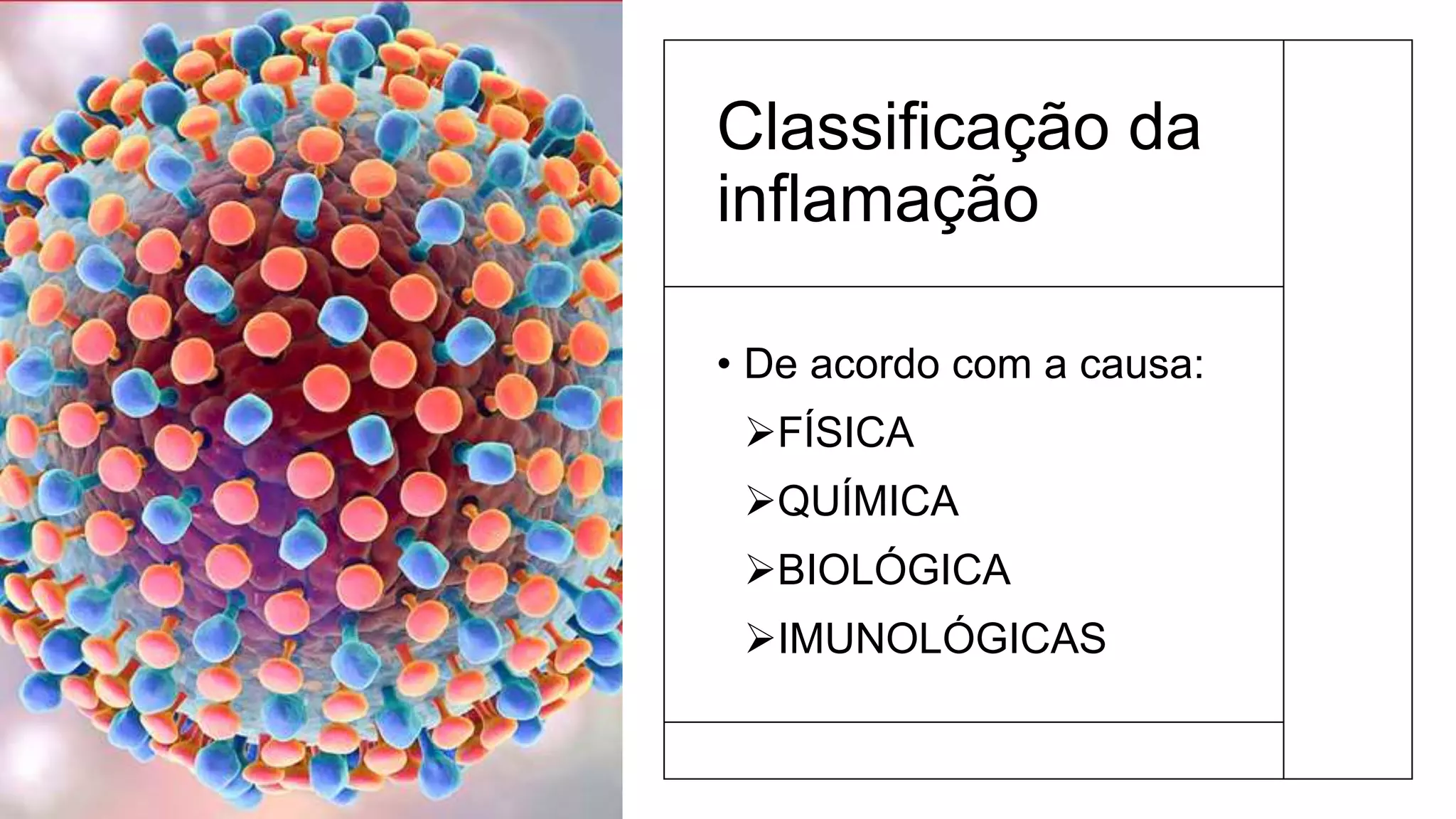 Classificação da
inflamação
• De acordo com a causa:
FÍSICA
QUÍMICA
BIOLÓGICA
IMUNOLÓGICAS
 