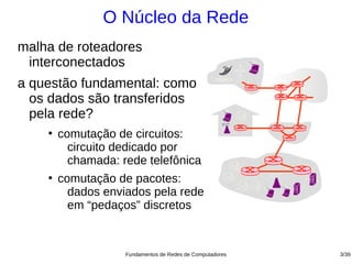 O Núcleo da Rede
malha de roteadores
 interconectados
a questão fundamental: como
  os dados são transferidos
  pela rede?
    ●
        comutação de circuitos:
          circuito dedicado por
          chamada: rede telefônica
    ●
        comutação de pacotes:
          dados enviados pela rede
          em “pedaços” discretos


                    Fundamentos de Redes de Computadores   3/39
 