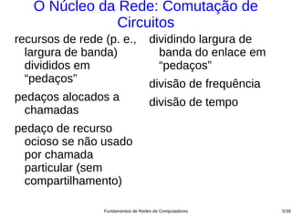 O Núcleo da Rede: Comutação de
               Circuitos
recursos de rede (p. e.,            dividindo largura de
  largura de banda)                   banda do enlace em
  divididos em                        “pedaços”
  “pedaços”                         divisão de frequência
pedaços alocados a                  divisão de tempo
  chamadas
pedaço de recurso
  ocioso se não usado
  por chamada
  particular (sem
  compartilhamento)

                 Fundamentos de Redes de Computadores       5/39
 
