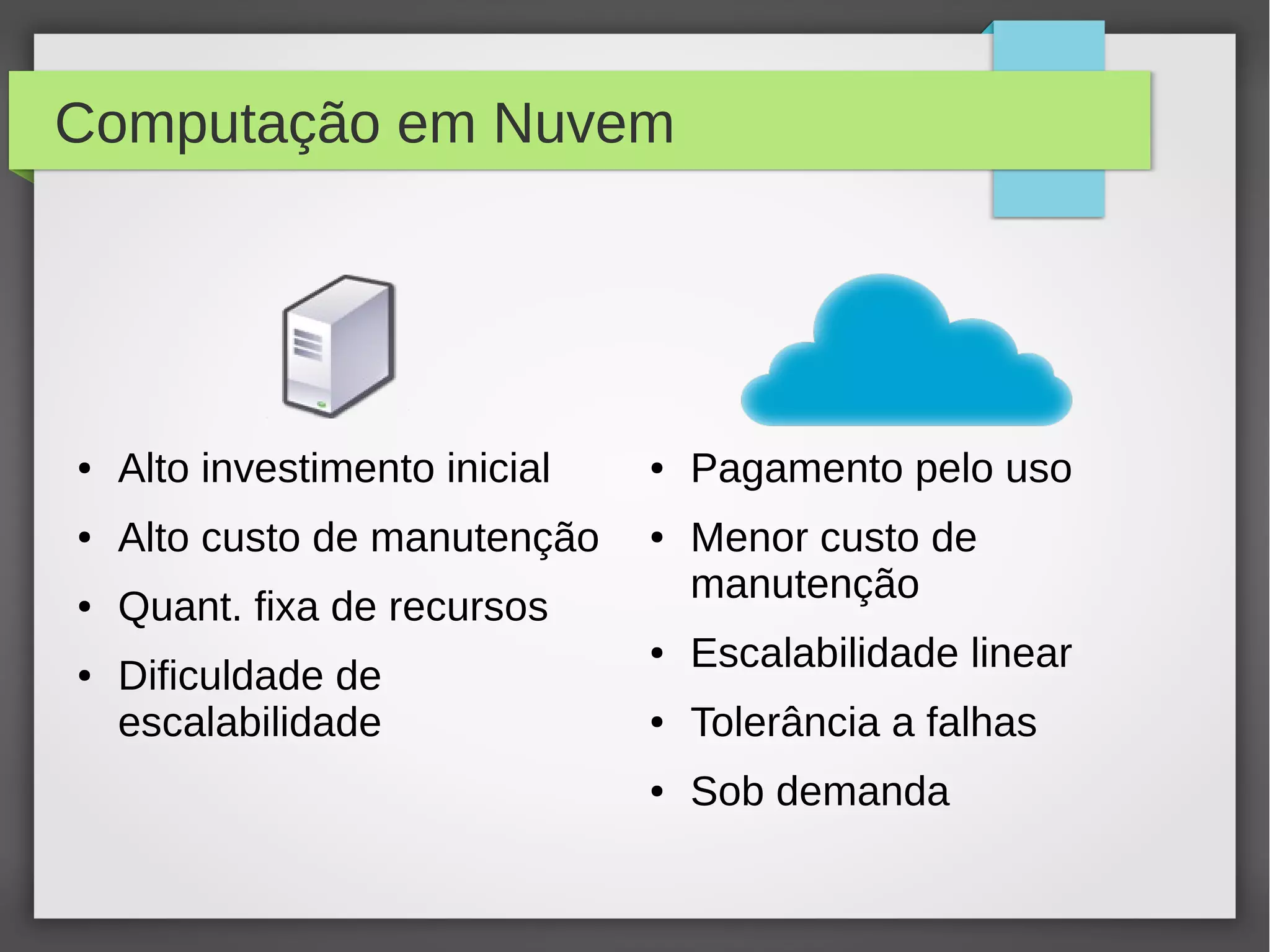 Computação em Nuvem
● Alto investimento inicial
● Alto custo de manutenção
● Quant. fixa de recursos
● Dificuldade de
escalabilidade
● Pagamento pelo uso
● Menor custo de
manutenção
● Escalabilidade linear
● Tolerância a falhas
● Sob demanda
 