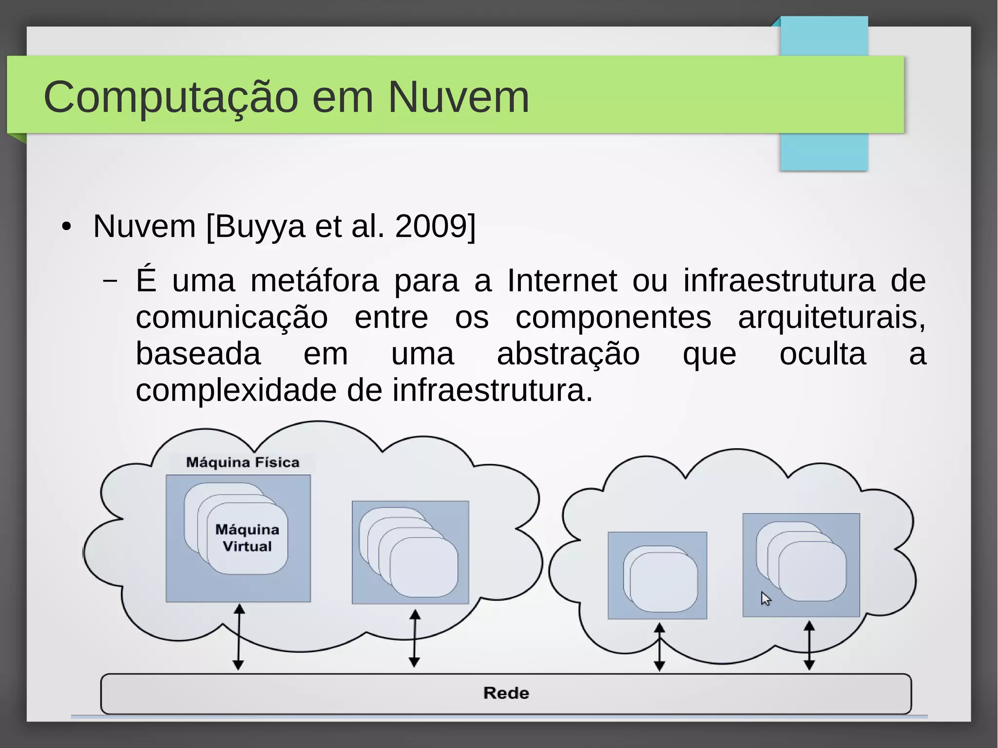 Computação em Nuvem
● Nuvem [Buyya et al. 2009]
– É uma metáfora para a Internet ou infraestrutura de
comunicação entre os componentes arquiteturais,
baseada em uma abstração que oculta a
complexidade de infraestrutura.
 