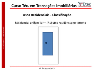 TTI-SISTEMASCONSTRUTIVOS
1º Semestre 2013
Curso Téc. em Transações Imobiliárias
Usos Residenciais - Classificação
Residencial unifamiliar – (R1) uma residência no terreno
R1
 