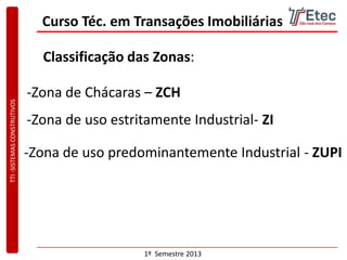 TTI-SISTEMASCONSTRUTIVOS
1º Semestre 2013
Curso Téc. em Transações Imobiliárias
Classificação das Zonas:
-Zona de Chácaras – ZCH
-Zona de uso estritamente Industrial- ZI
-Zona de uso predominantemente Industrial - ZUPI
 