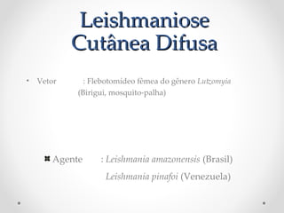 LeishmanioseLeishmaniose
Cutânea DifusaCutânea Difusa
• Vetor : Flebotomídeo fêmea do gênero Lutomyia P
(Birigui, mosquito-palha)
Agente : Leishmania Pamazonensis P(Brasil)
Leishmania Ppinafoi P(Venezuela)
esta relacionada com a baixa da imunidade
 