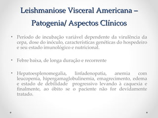 Leishmaniose Visceral Americana –Leishmaniose Visceral Americana –
Patogenia/ Aspectos ClínicosPatogenia/ Aspectos Clínicos
• Período de incubação variável dependente da virulência da
cepa, dose do inóculo, características genéticas do hospedeiro
e seu estado imunológico e nutricional.
• Febre baixa, de longa duração e recorrente
• Hepatoesplenomegalia, linfadenopatia, anemia com
leucopenia, hipergamaglobulinemia, emagrecimento, edema
e estado de debilidade progressivo levando à caquexia e
fnalmente, ao óbito se o paciente não for devidamente
tratado.
primeiro sinal da doença
 
