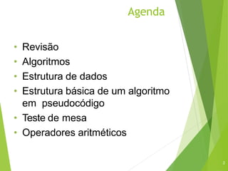Agenda
2
• Revisão
• Algoritmos
• Estrutura de dados
• Estrutura básica de um algoritmo
em pseudocódigo
• Teste de mesa
• Operadores aritméticos
 