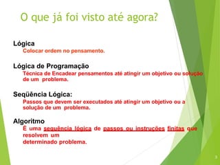 O que já foi visto até agora?
3
Lógica
Colocar ordem no pensamento.
Lógica de Programação
Técnica de Encadear pensamentos até atingir um objetivo ou solução
de um problema.
Seqüência Lógica:
Passos que devem ser executados até atingir um objetivo ou a
solução de um problema.
Algoritmo
É uma sequência lógica de passos ou instruções finitas que
resolvem um
determinado problema.
 
