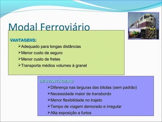 Modal Ferroviário
VANTAGENS:
   Adequado para longas distâncias
   Menor custo de seguro
   Menor custo de fretes
   Transporta médios volumes à granel


              DESVANTAGENS:
                 Diferença nas larguras das bitolas (sem padrão)
                  Necessidade maior de transbordo
                  Menor flexibilidade no trajeto
                  Tempo de viagem demorado e irregular
                  Alta exposição a furtos
 