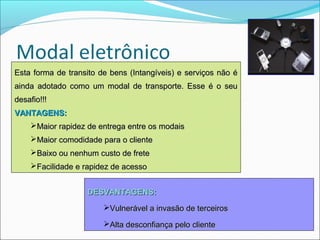 Esta forma de transito de bens (Intangíveis) e serviços não é
ainda adotado como um modal de transporte. Esse é o seu
desafio!!!
VANTAGENS:
    Maior rapidez de entrega entre os modais
    Maior comodidade para o cliente
    Baixo ou nenhum custo de frete
    Facilidade e rapidez de acesso


                   DESVANTAGENS:
                        Vulnerável a invasão de terceiros

                        Alta desconfiança pelo cliente
 