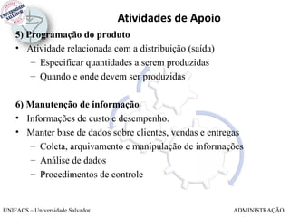 Atividades de Apoio
    5) Programação do produto
    • Atividade relacionada com a distribuição (saída)
        – Especificar quantidades a serem produzidas
        – Quando e onde devem ser produzidas

    6) Manutenção de informação
    • Informações de custo e desempenho.
    • Manter base de dados sobre clientes, vendas e entregas
        – Coleta, arquivamento e manipulação de informações
        – Análise de dados
        – Procedimentos de controle


UNIFACS – Universidade Salvador                          ADMINISTRAÇÃO
 