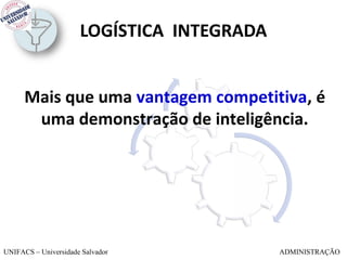 LOGÍSTICA INTEGRADA


      Mais que uma vantagem competitiva, é
       uma demonstração de inteligência.




UNIFACS – Universidade Salvador             ADMINISTRAÇÃO
 