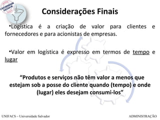 Considerações Finais
    •Logística é a criação de valor para clientes e
  fornecedores e para acionistas de empresas.

    •Valor em logística é expresso em termos de tempo e
  lugar

         “Produtos e serviços não têm valor a menos que
     estejam sob a posse do cliente quando (tempo) e onde
               (lugar) eles desejam consumi-los”


UNIFACS – Universidade Salvador                 ADMINISTRAÇÃO
 